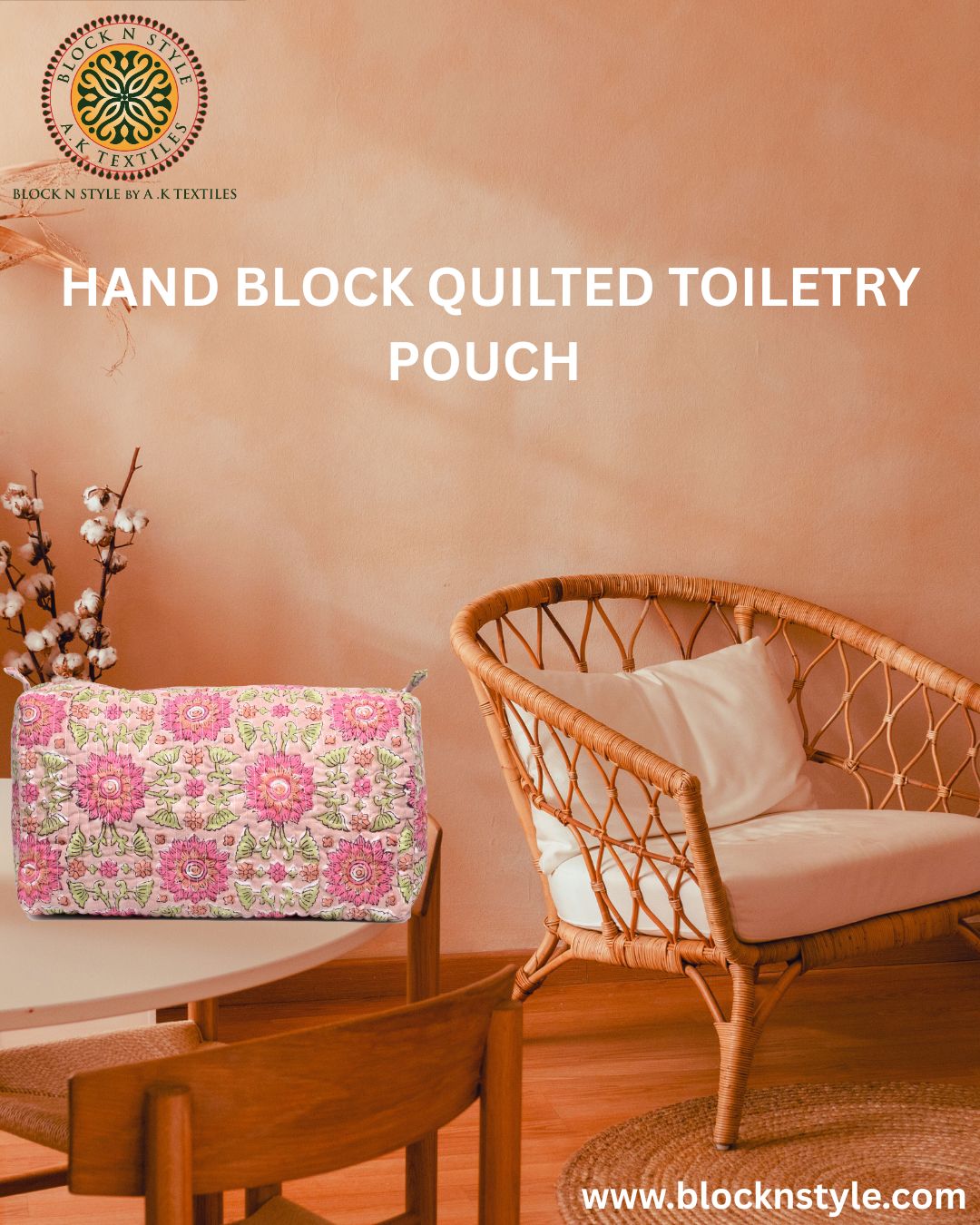 Elevate Your Travel Style with Our Hand Block Sanganeri Printed Quilted Toiletry Pouch