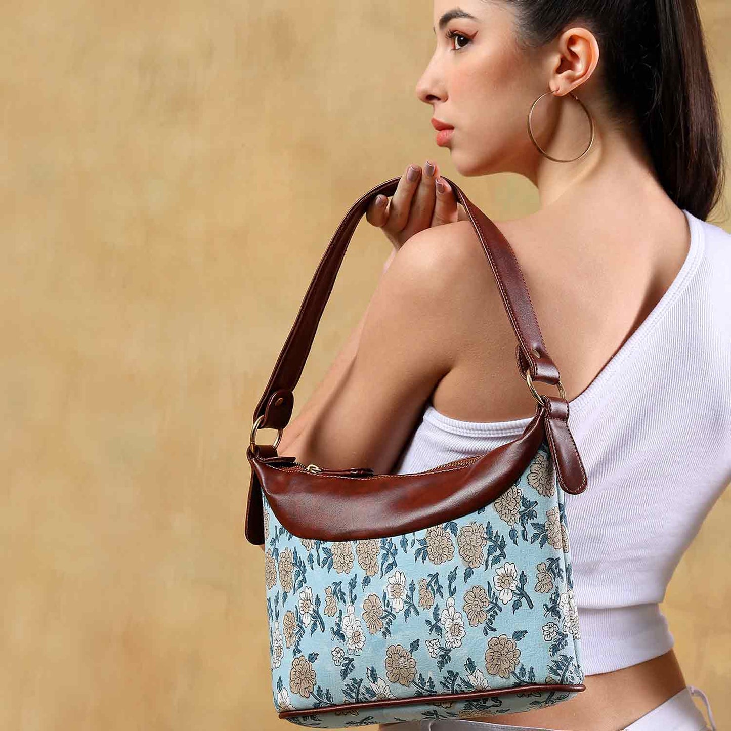 HAND BLOCK COTTON PRINTED HANDBAG VEGAN LEATHER