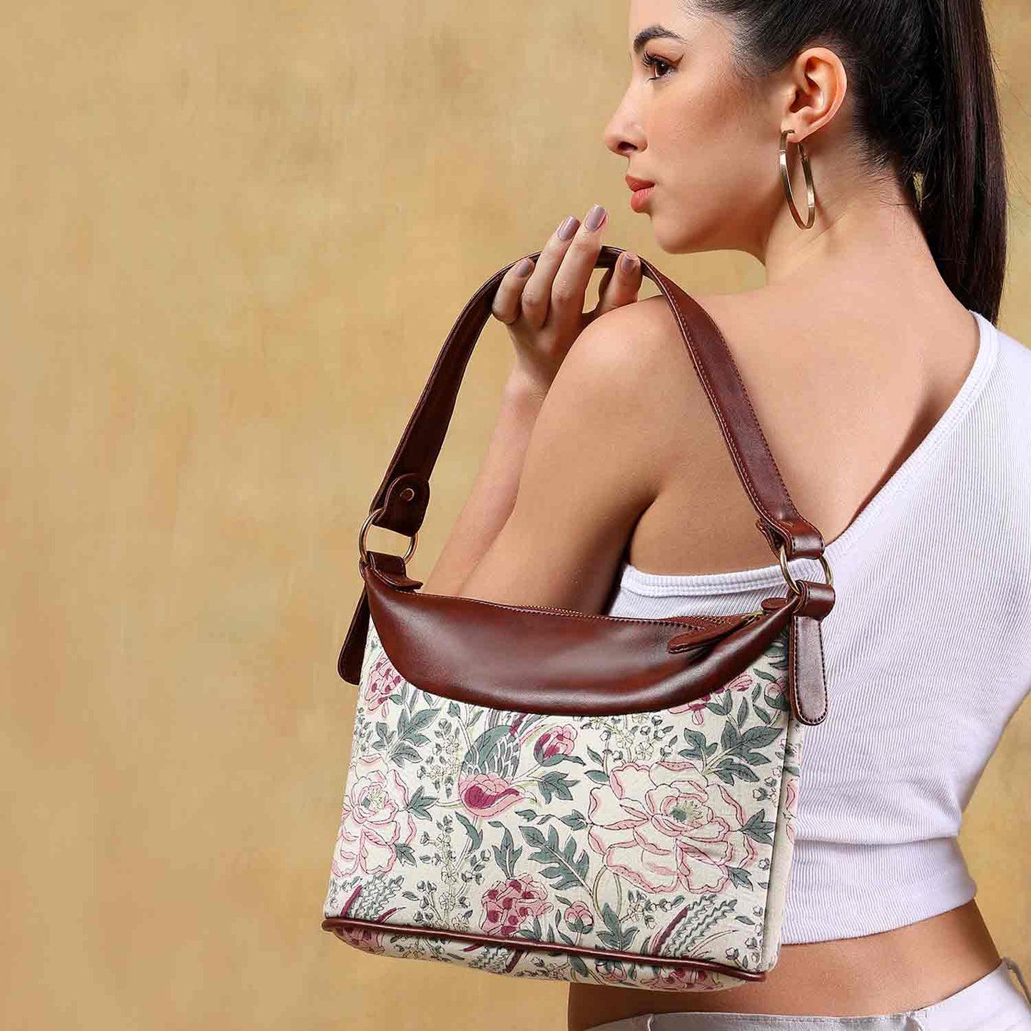 HAND BLOCK COTTON PRINTED HANDBAG VEGAN LEATHER
