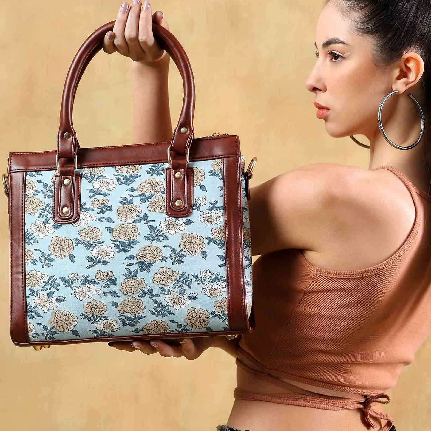 Hand Block Cotton Printed Tote Bag with Vegan Leather