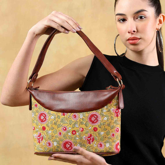 HAND BLOCK COTTON PRINTED HANDBAG VEGAN LEATHER