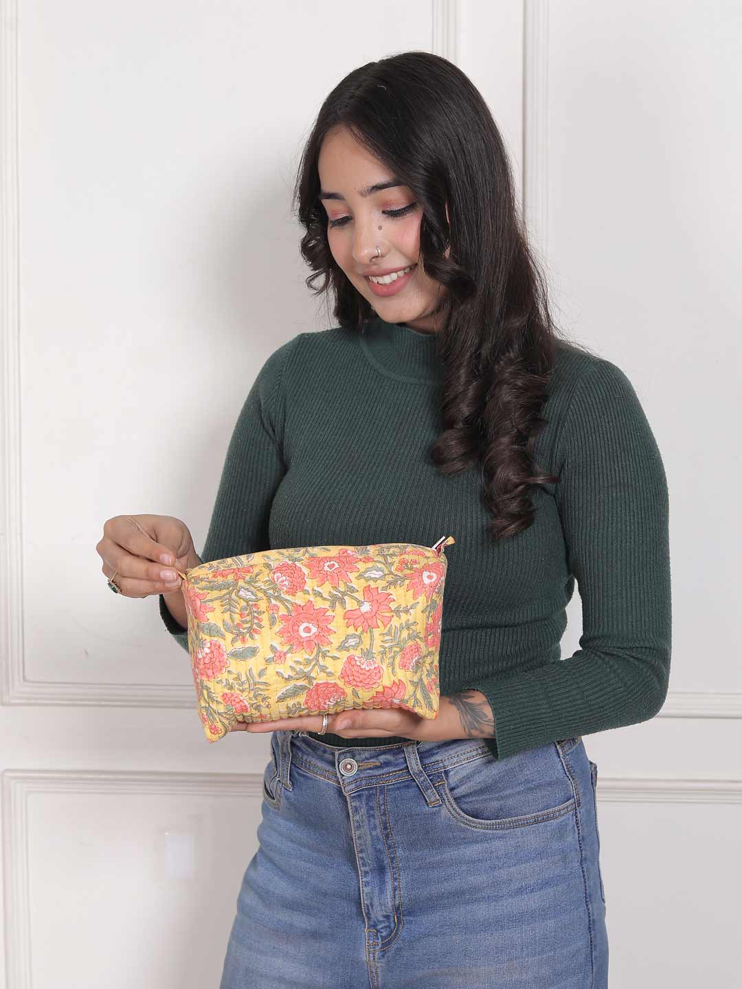 ASTER HAND BLOCK COTTON PRINTED QUILTED TOILETRY & MAKEUP POUCH