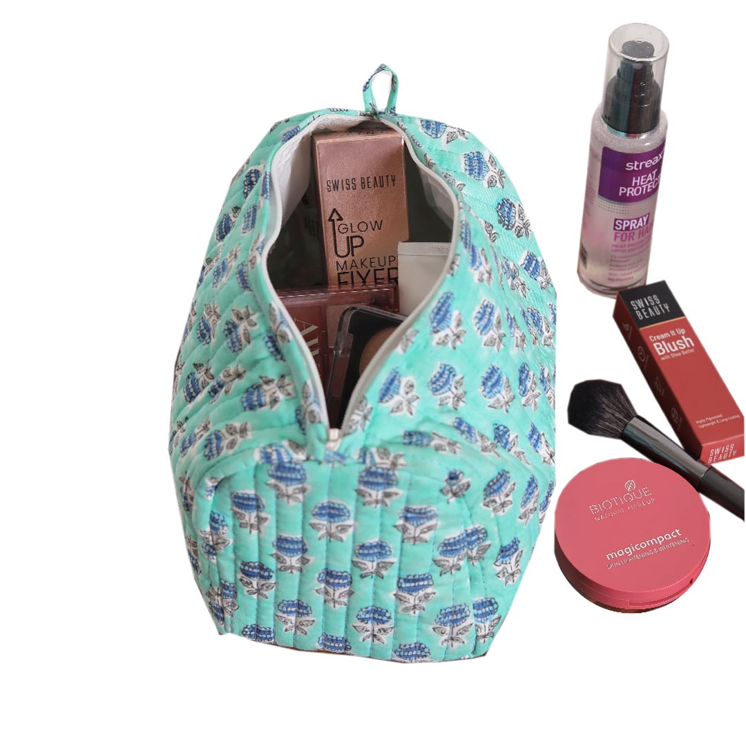PANSY HAND BLOCK COTTON PRINTED QUILTED TOILETRY & MAKEUP POUCH