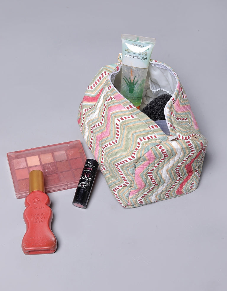 CHEVRON HAND BLOCK COTTON PRINTED QUILTED TOILETRY & MAKEUP POUCH
