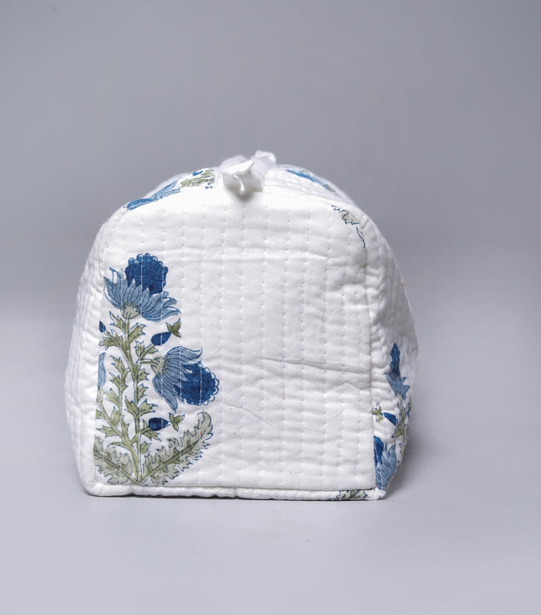 INDIGO EARTH LOTUS HAND BLOCK COTTON PRINTED QUILTED TOILETRY & MAKEUP POUCH