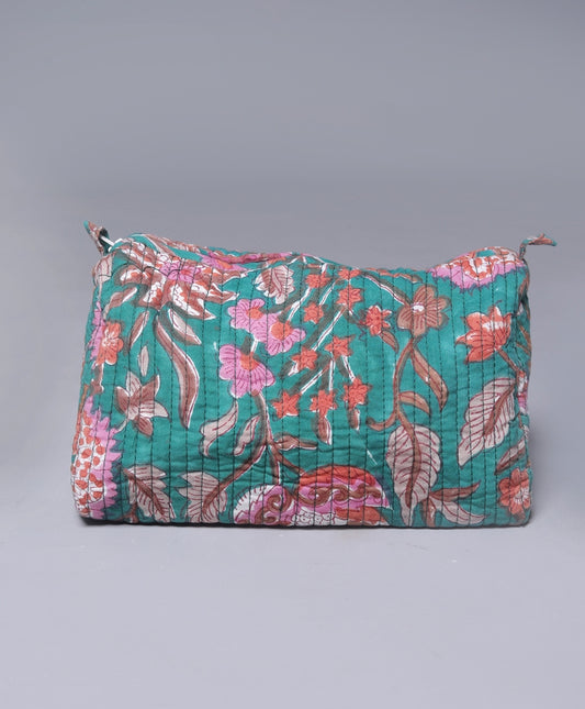 TEAL BOTANICAL FLORAL JAAL HAND BLOCK COTTON PRINTED QUILTED TOILETRY & MAKEUP POUCH