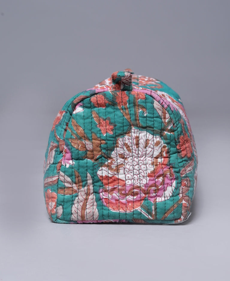 TEAL BOTANICAL FLORAL JAAL HAND BLOCK COTTON PRINTED QUILTED TOILETRY & MAKEUP POUCH