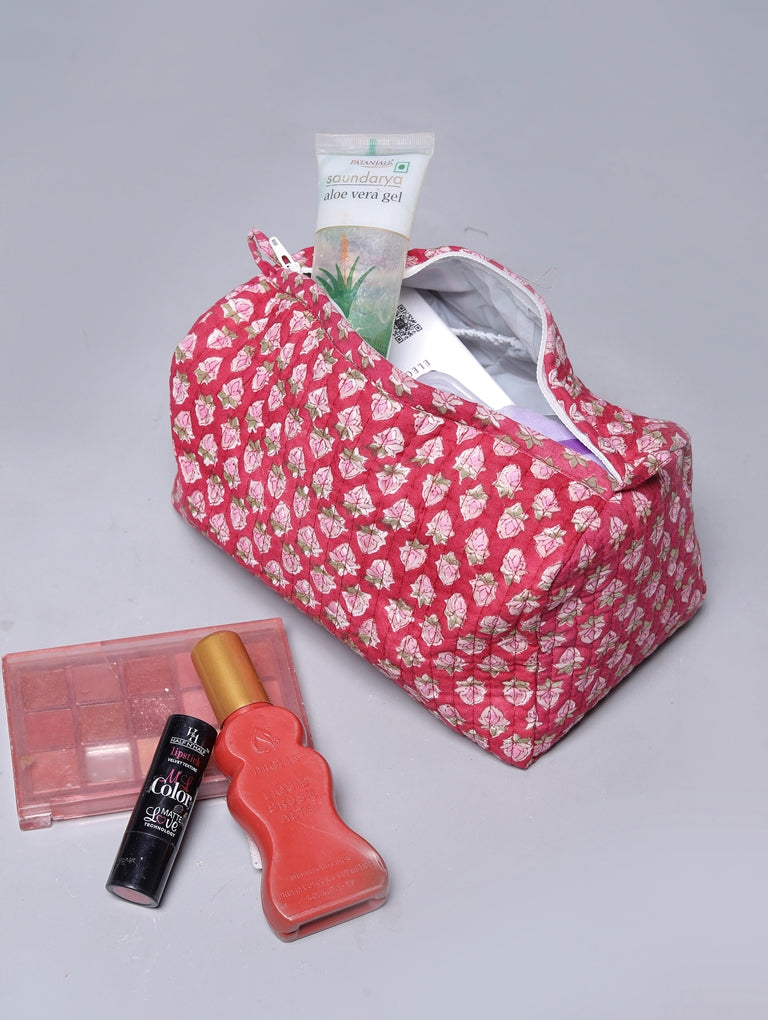 RED KETCHU HAND BLOCK COTTON PRINTED QUILTED TOILETRY & MAKEUP POUCH