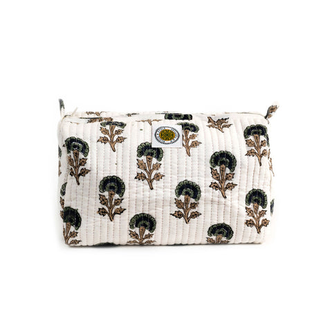 MUGHAL BUTTI FLOWER HAND BLOCK COTTON PRINTED QUILTED TOILETRY POUCH