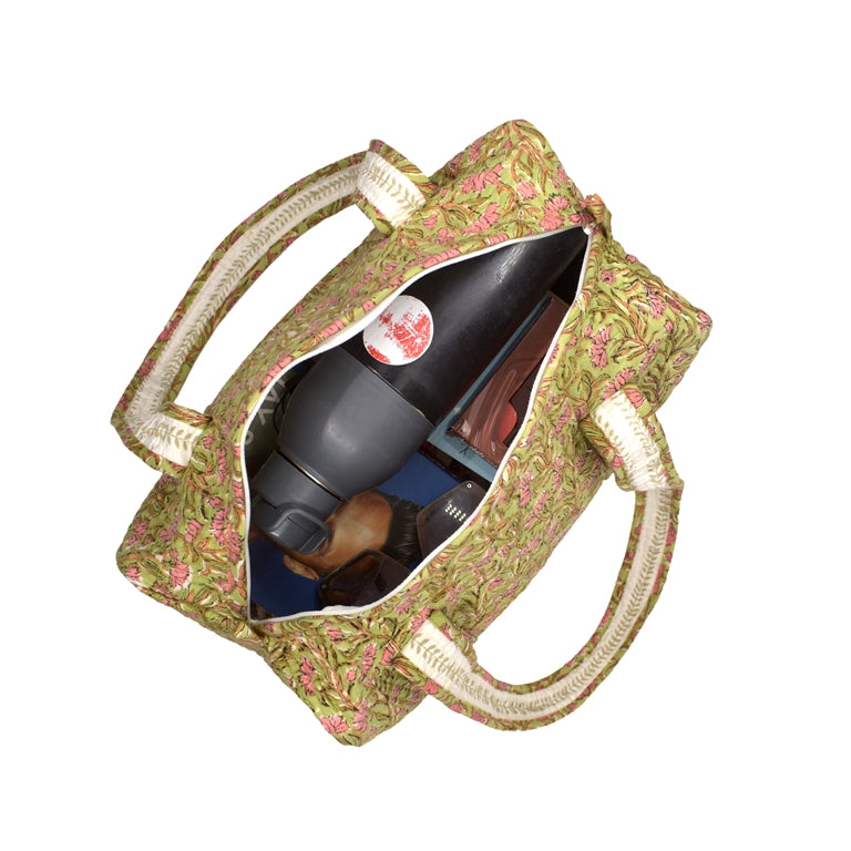 LITTLE JASMINE HAND BLOCK PRINTED QUILTED TRAVEL MICRO DUFFLE BAG