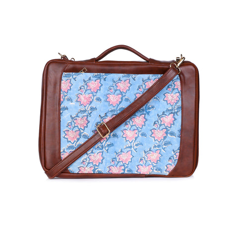 FLOATING WATER LILY IN OCEAN HAND BLOCK COTTON PRINTED & VEGAN LEATHER LAPTOP SLEEVE BAG 13″