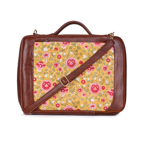 BLOSSOMING ROSES IN BASANT HAND BLOCK PRINTED & VEGAN LEATHER LAPTOP SLEEVE BAG 13″