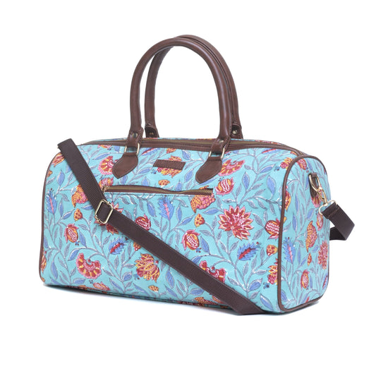 LILY HIBISCUS COTTON PRINTED VEGAN LEATHER DUFFLE BAG WITH STRAP