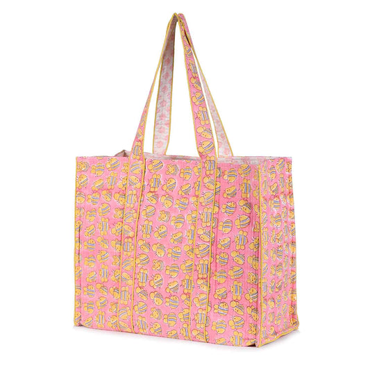 PINK HONEY BEE HAND BLOCK PRINTED QUILTED TOTE BAG