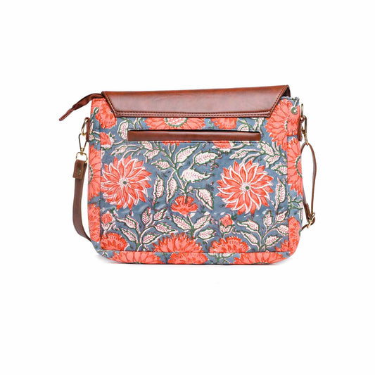THAI SUNFLOWER HAND BLOCK COTTON PRINTED & VEGAN LEATHER SLING BAG