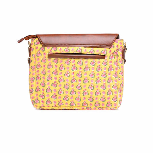 YELLOW BUD HAND BLOCK COTTON PRINTED & VEGAN LEATHER SLING BAG