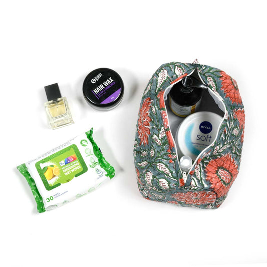 THAI SUNFLOWER HAND BLOCK COTTON PRINTED QUILTED TOILETRY POUCH