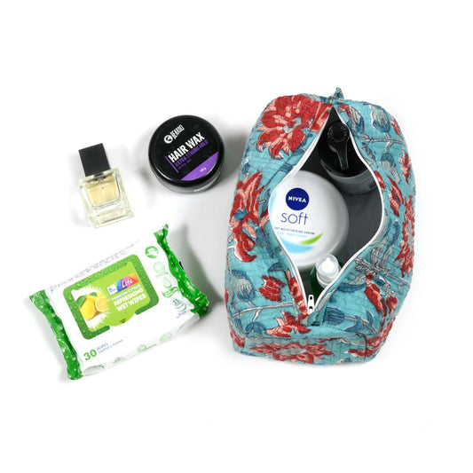 MOONSOON SUNFLOWER HAND BLOCK COTTON PRINTED QUILTED TOILETRY POUCH