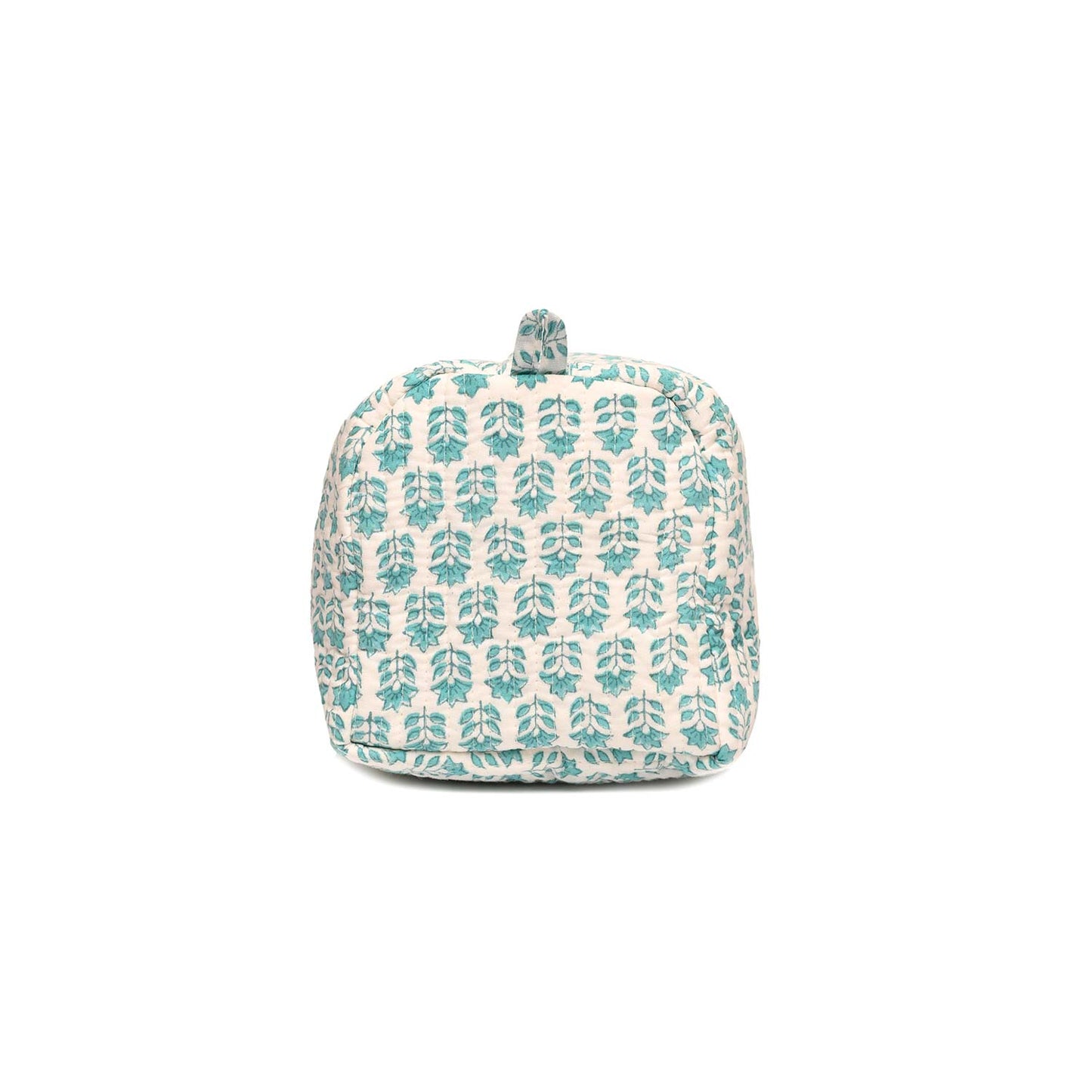 ROSE MARY BUTI TURQUOISE HAND BLOCK COTTON PRINTED QUILTED TOILETRY POUCH