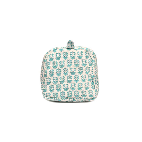 ROSE MARY BUTI TURQUOISE HAND BLOCK COTTON PRINTED  QUILTED TOILETRY POUCH