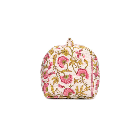 RANGOON CREEPER PINK HAND BLOCK COTTON PRINTED QUILTED TOILETRY POUCH