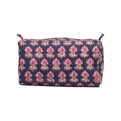 PASSION BUTI BLUE PINK HAND BLOCK COTTON PRINTED QUILTED TOILETRY POUCH
