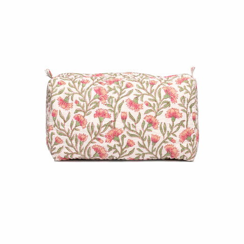 PEACH CHAMPA WHITE GREEN HAND BLOCK COTTON PRINTED QUILTED TOILETRY POUCH