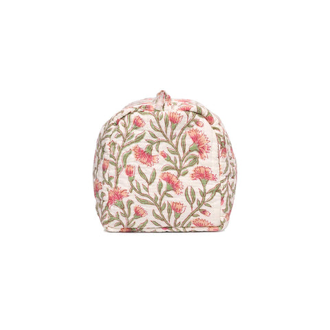 PEACH CHAMPA WHITE GREEN HAND BLOCK COTTON PRINTED QUILTED TOILETRY POUCH