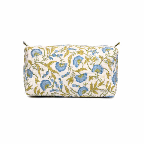 RANGOON CREEPER BLUE HAND BLOCK COTTON PRINTED QUILTED TOILETRY POUCH