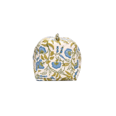 RANGOON CREEPER BLUE HAND BLOCK COTTON PRINTED QUILTED TOILETRY POUCH