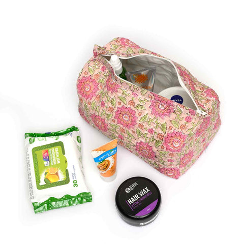 CALENDULA JAAL HAND BLOCK COTTON PRINTED QUILTED TOILETRY POUCH