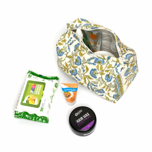 RANGOON CREEPER BLUE HAND BLOCK COTTON PRINTED QUILTED TOILETRY POUCH