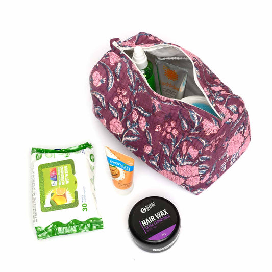 HOLLYHOCK MAROON HAND BLOCK COTTON PRINTED QUILTED TOILETRY POUCH