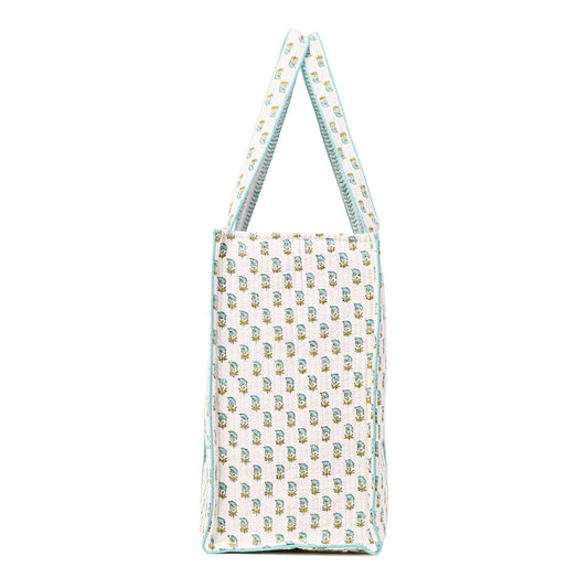 MEADOW MIST HAND BLOCK COTTON PRINTED QUILTED TOTE BAG