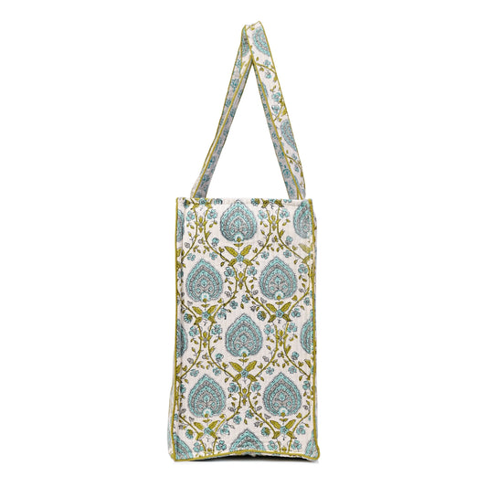 JAIPUR LEAF HAND BLOCK COTTON PRINTED QUILTED TOTE BAG