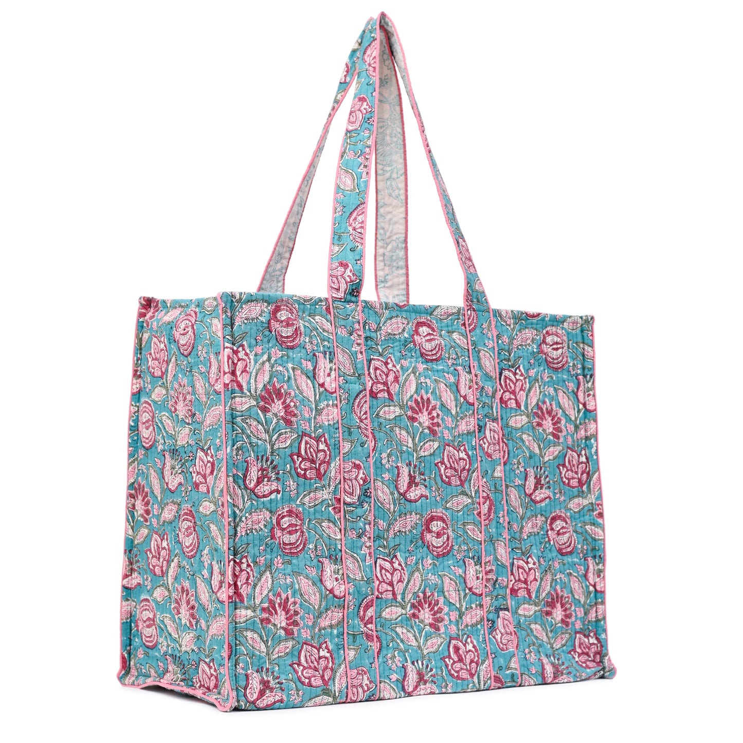 FLORAL FANTASY HAND BLOCK COTTON PRINTED QUILTED TOTE BAG