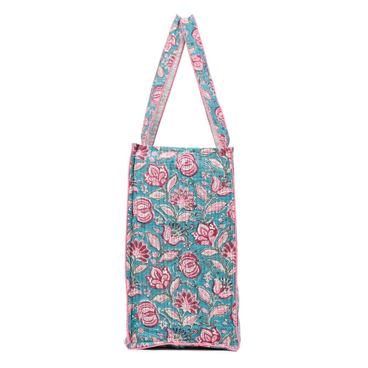 FLORAL FANTASY HAND BLOCK COTTON PRINTED QUILTED TOTE BAG
