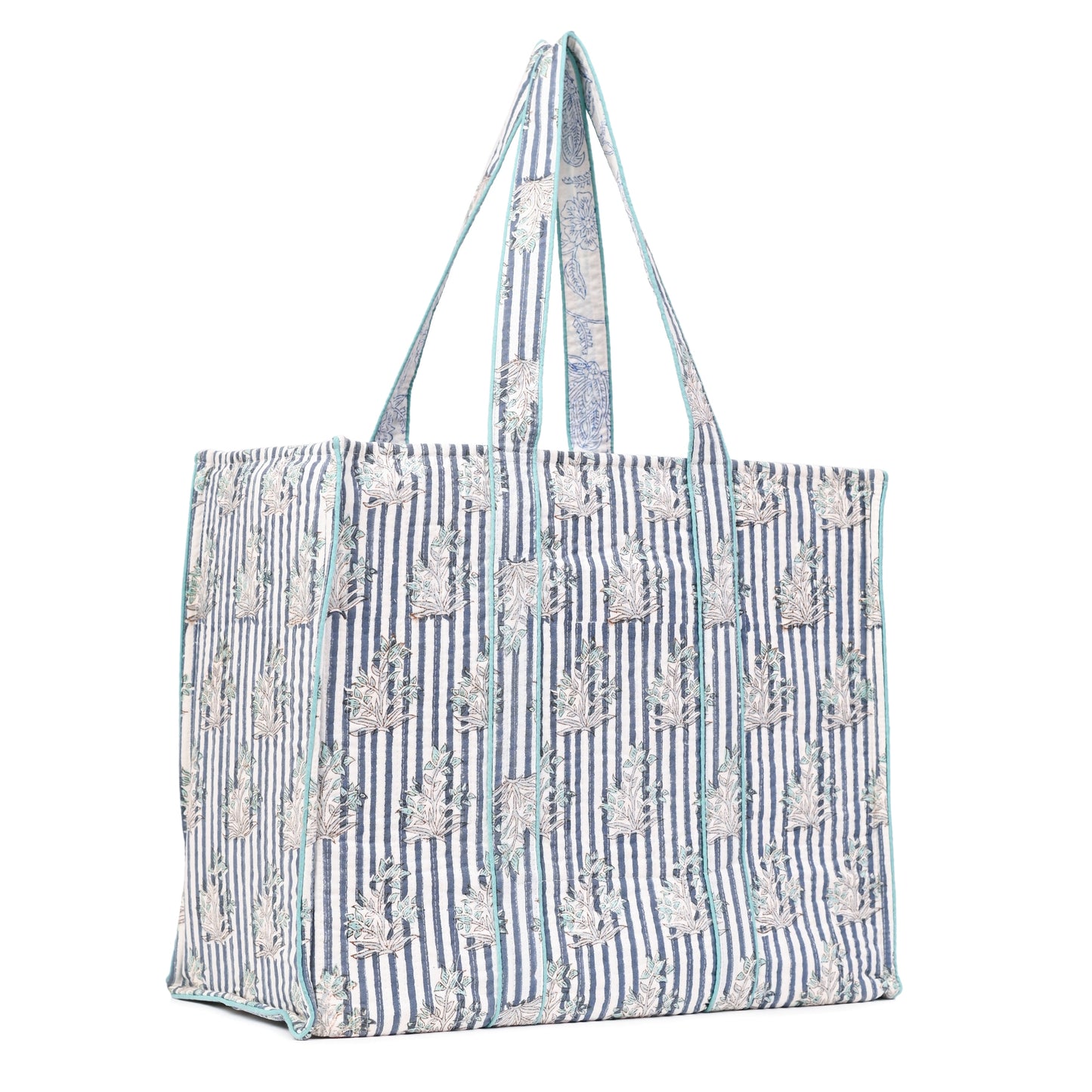 INDIGO STRIPE BLOOM HAND BLOCK COTTON PRINTED QUILTED TOTE BAG