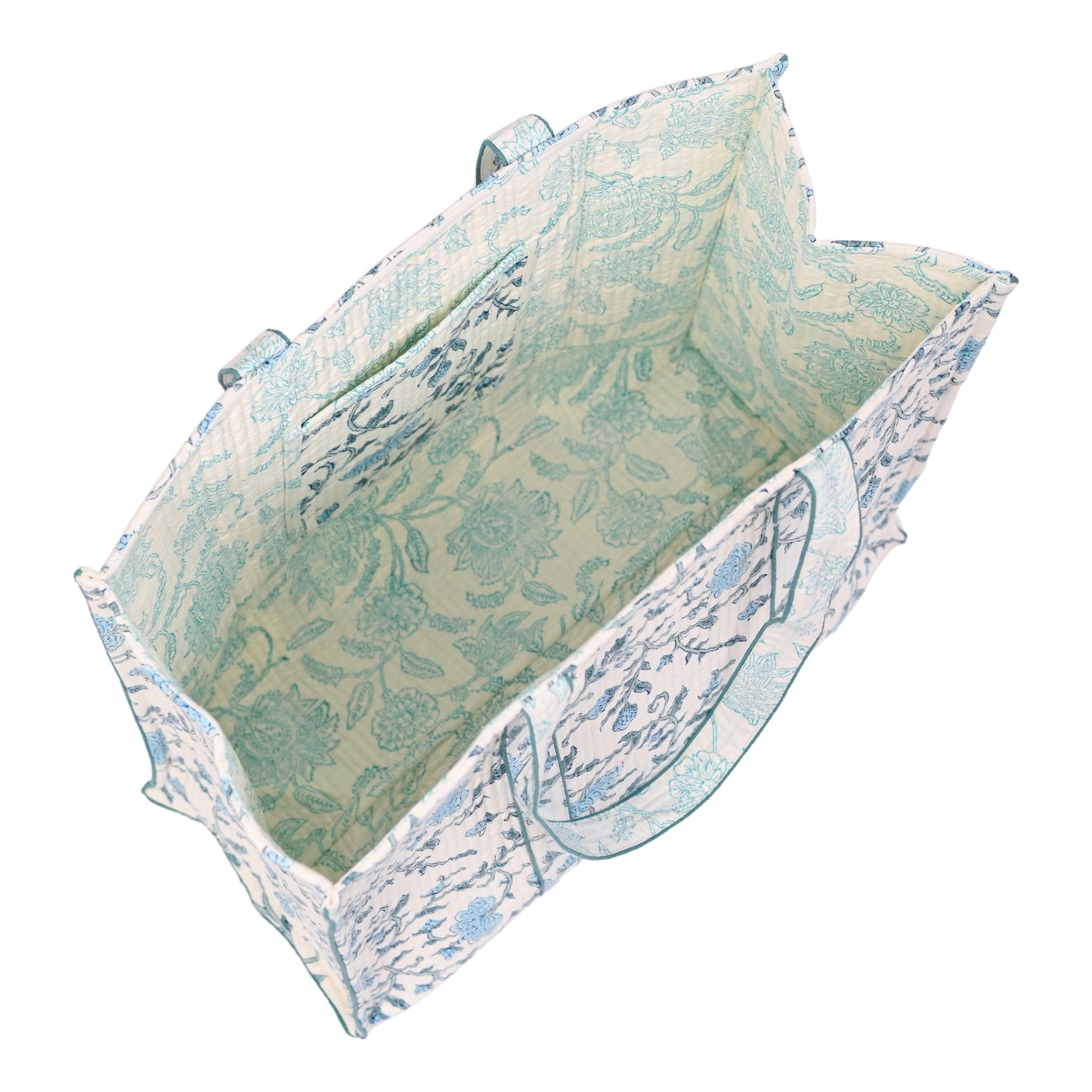 AZURE BLOSSOM HAND BLOCK COTTON PRINTED QUILTED TOTE BAG