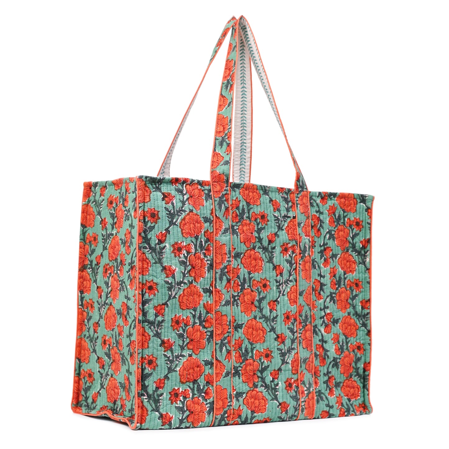 CORAL BLOOM HAND BLOCK COTTON PRINTED QUILTED TOTE BAG