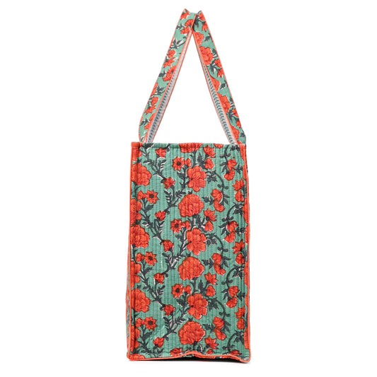 CORAL BLOOM HAND BLOCK COTTON PRINTED QUILTED TOTE BAG