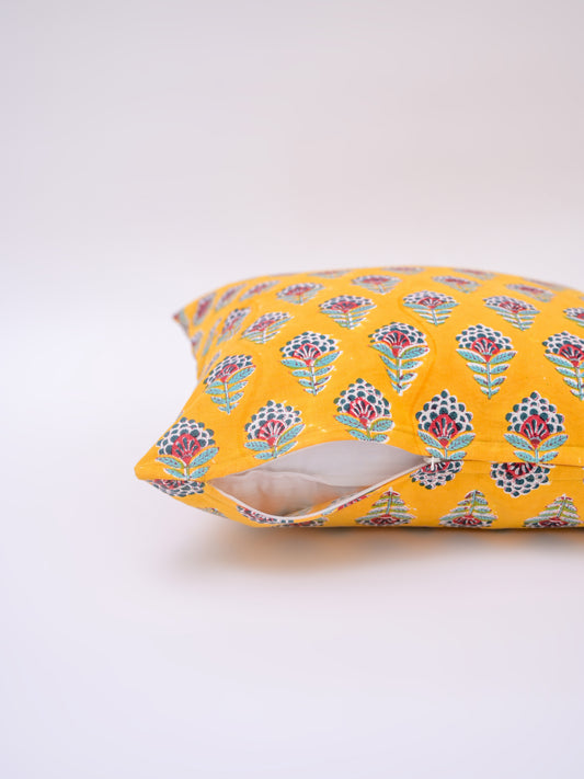 ZEUS FLORAL - COTTON PRINTED YELLOW SQUARE CUSHION COVER