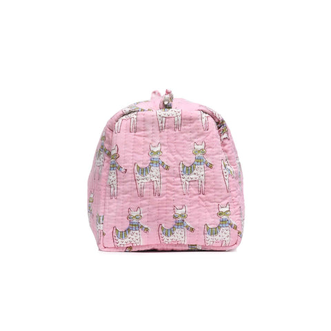MOON WALK CAT PINK HAND BLOCK COTTON PRINTED QUILTED TOILETRY POUCH
