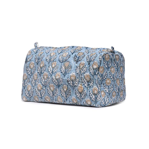 GREY FLOWER BUTTA HAND BLOCK COTTON PRINTED QUILTED TOILETRY POUCH