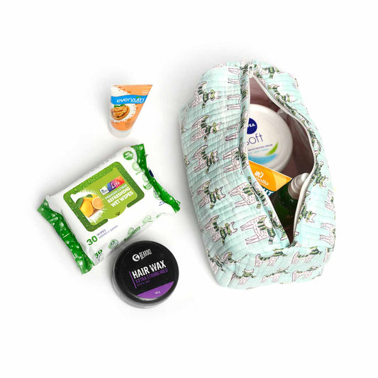 MOON WALK CAT BLUE HAND BLOCK COTTON PRINTED QUILTED TOILETRY POUCH