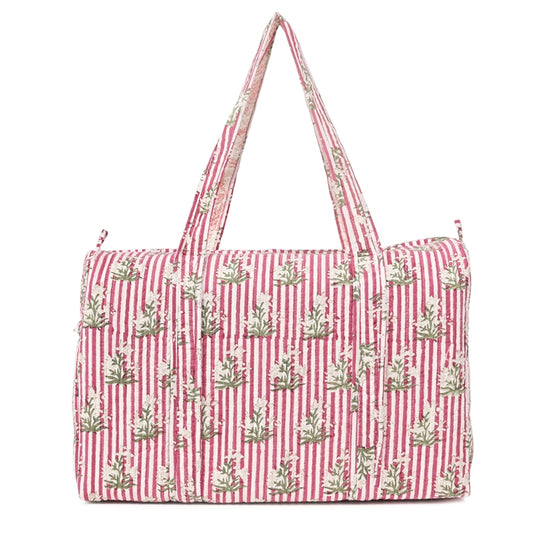 PINK STRIPE BUTTA HAND BLOCK PRINTED QUILTED TRAVEL DUFFLE BAG BIG