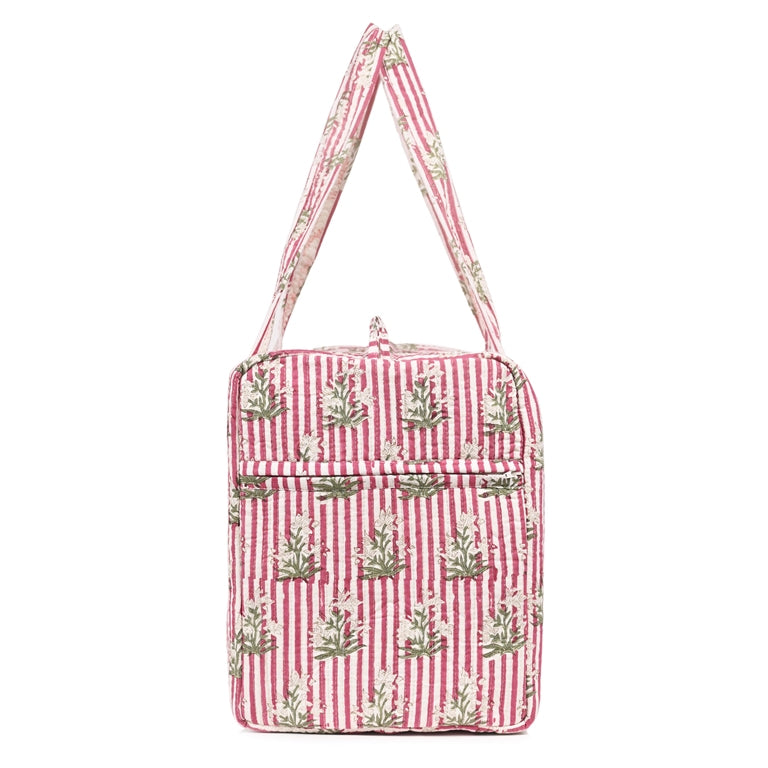 PINK STRIPE BUTTA HAND BLOCK PRINTED QUILTED TRAVEL DUFFLE BAG BIG