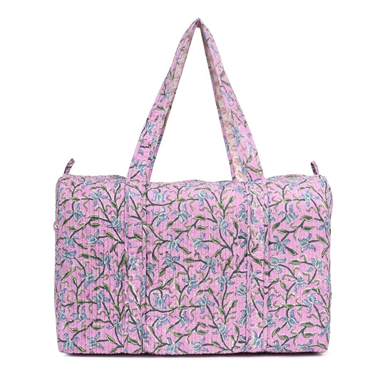 LAVENDER HAND BLOCK PRINTED QUILTED TRAVEL DUFFLE BAG BIG