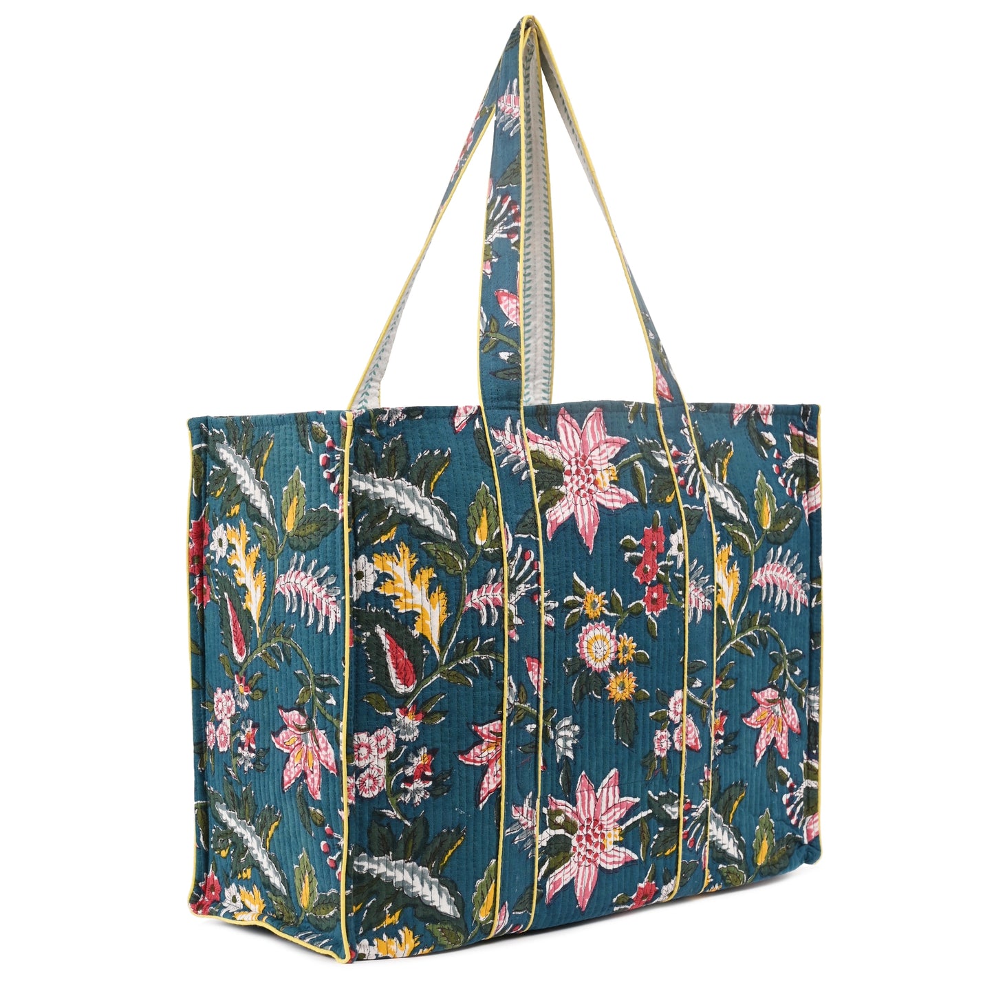 NOCTURNE BLOOM HAND BLOCK COTTON PRINTED QUILTED TOTE BAG