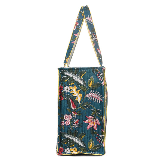 NOCTURNE BLOOM HAND BLOCK COTTON PRINTED QUILTED TOTE BAG
